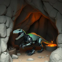 futuristic caveman cave with a robotic raptor pet