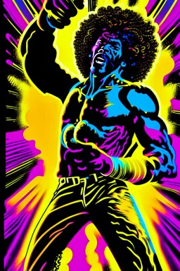 70s Black light poster design in the style of George Goode, featured “a black man rais[ing] his unshackled fist while the background bursts with fluorescent yellow flame.” neon fluorescent glow, psychedelic, bright, shimmering, fluorescent colors pop and sizzle, mystique, cosmic