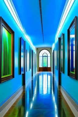 An exhibition of paintings whose walls are in the shape of an oval and made of blue glass and its floor is light with a wall in the middle of the hall to divide it into two parts with a corridor at the beginning and end of the wall