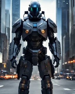 Create an image of a SWAT police Robot in a highly detailed and advanced armored suit, similar to the one shown but with even more intricate designs and cool features. The armor should have a sleek, futuristic look with glowing elements and enhanced gadgets visible on the suit. The setting is at dusk in an urban environment, with the character standing on a high-rise building overlooking a futuristic cityscape that reflects the advanced technology of the world they are protecting.