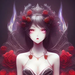 anime, epic dark queen,tears, majestic, ominous, fire, fiery red roses background, intricate, masterpiece, expert, insanely detailed, 4k resolution, retroanime style, cute big circular reflective eyes, cinematic smooth, intricate detail , soft smooth lighting, soft pastel colors, painted Rena