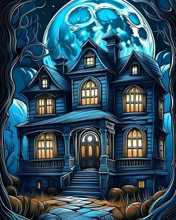 Create a high-resolution, photo-realistic coloring page for Halloween. The composition should be vibrant and feature a large, carved pumpkin at the center, glowing subtly. Include a hauntingly detailed haunted house in the background, with twisted, eerie architecture. Above the scene, depict a large, glowing blue moon casting a mysterious light over the scene. Ensure the graphics are suitable for coloring, with clear, defined lines and areas to be filled in. The overall mood should be spooky yet