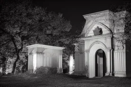 Creepy mausoleum at night, trees, hearse car