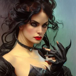 painted portrait of evil witch in black leather, angry, strong, volouptous, chesty, cleavage, intricate, elegant, highly detailed, digital painting, artstation, concept art, smooth, sharp focus, illustration, art by gaston bussiere and alphonse mucha