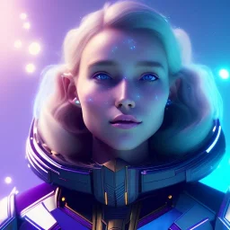 A portrait of a crystalline girl,smiling, longs blond hairs, galactic costume, atmospheric, realistic, cinematic lighting, octane render, purple and blue sky, nebula, stars, planets, spaceship