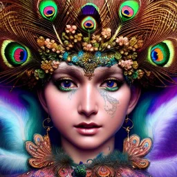 Insanely detailed photograph of an elaborate beautiful peacock goddess intricate glowing skin eyes intricate face hair lashes fur dress hyperdetailed painting by Anna Dittmann Huang Guangjian and Dan Witz CGSociety ZBrush Central fantasy art album cover art 4K 64 megapixels 8K resolution HDR Greek shiny space colours jewelry celestial hair eyes light"