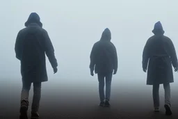 two people seen from behind walking side by side in an empty foggy plain with blue sky above