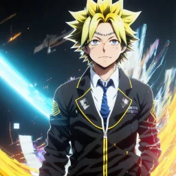 Detailed anime portrait of denki From my hero academia, yellow hair, black suit, intricate details, full body portrait, keep head in frame, slight smile, black Japanese motif, concept art, highly detailed, digital painting, concept art, sharp focus, illustration, art by Yoji Shinkawa, WLOP and greg rutkowski and alphonse mucha and artgerm and yanjun Chen and Junji ito and Makoto Shinkai, HDR, octane render