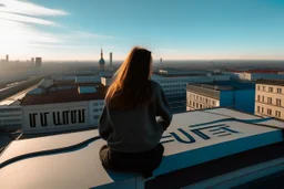 A woman on top of a rooftop, next to a bright sign that reads the word FUTURE, we see the image from the top of the building, the city in the background and below, 16K, real photography