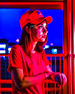 woman with a red baseball hat. leaning on a wooden balcony. night time. anime. studio lightining.