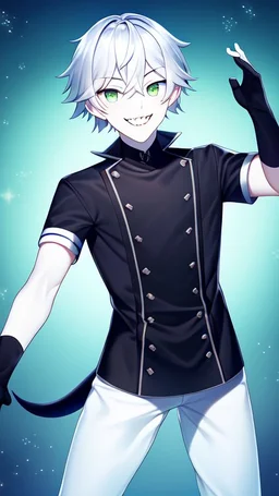 plauge doctor in balck leather clothes with silver hair, pale skin and bright green eyes smiling with sharp teeth, nice young face, male, viscious smile