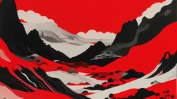 An abstract and ultra minimalist design poster by Monet and Kuniyoshi of a red, black and white desert landscape.