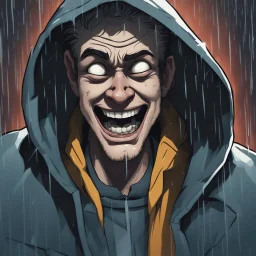 a closeup of a psychopathic young man with white eyes in a heavy coat and hood during a rainstorm laughing cartoon