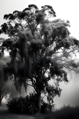 black and white photography of a big mimosa tree full of flowers. fogy weather, smoke, dark, vintage, realistic photography, artistic photography, accurate details, forest behind the tree.