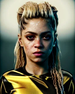 portrait, Shakira, blonde artist, angry, Realistic image, MMA robe, hoodie, mma gloves, loose long hair, eyes, make-up, gold line make up, moisture, sweat, fog, goddess, Neon colors, leds. Black background, photo studio, concept art, smooth, unreal engine 5, god lights, ray tracing, RTX, lumen lighting, ultra detail, volumetric lighting, 3d, finely drawn, high definition, 4k.