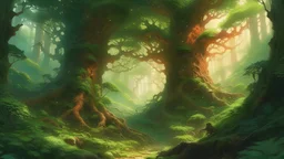 a stunning medium-sized illustration of towering, majestic, ancient trees dramatically jutting out of an expansive, dense forest, fantasy art, vibrant colors, mystical atmosphere, ethereal lighting, detailed foliage, perspective drawing, nature scenery, forest landscape, moss-covered bark, sunlight filtering through the branches, epic proportions, fantasy world, nature's grandeur.