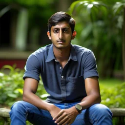 an 24 year old indian man, oval face, tanned skin, wearing shirt and jeans, sitting in a garden, peaceful, front face portrait, short hair, muscular and fit