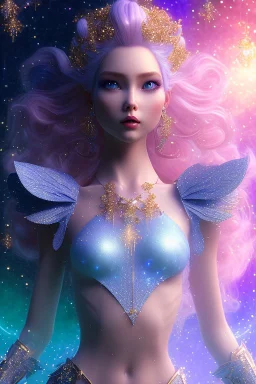 woman glitter blue fairy in a galactic ambiance, long blue hair, detailed gorgeous smile, delicate colors in the foreground, full of details, smooth, light effect，vaporwave colorful, smooth, extremely sharp detail, finely tuned detail, ultra high definition, 8 k, unreal engine 5, ultra sharpBeautyful smiling young woman, long hair amazing blue eyes, flowers, happy cosmic, bright colors, blue, pink, gold, jewels, realistic, photo real, clear sunny background, highly detailed, high contrast, 8k 