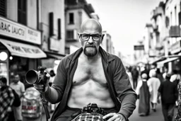 man looking like "Walter White" in breaking bad tv show, bald and goatee glasses, with bare chest riding on a camel in a alley Casablanca town, panorama, black and white photo, lot of markets and people in background, camera in the back of him