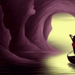 Charon the ferryman in his boat on the river Styx, red black purple colours, 8k, high definition, fantasy art, winding river, sharp jagged rocks, high contrast colours, sharp colours