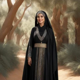 an elegant Arabic woman wanderer, a female Dharma Bum of the desert, smiling but lost amidst the towering trees and tangled undergrowth of a mysterious forest. Clad in her traditional revealing Abaya and expensive transparent headscarf, symbols of his heritage and identity, the Arabic wanderer stands at a crossroads of worlds, her eyes reflecting the flickering shadows of the forest canopy above.