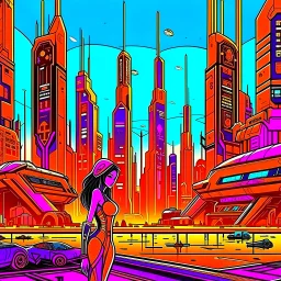 cyberpunk retro futuristic for comics from far away in orange