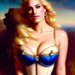 portrait beautiful face 'Paige Spiranac',busty,blonde,smiling,ancient tight latex corset, balanciaga fashion clothe painting by gaston bussiere, greg rutkowski, yoji shinkawa, yoshitaka amano, tsutomu nihei, donato giancola, tim hildebrandt, oil on canvas, cinematic composition, extreme detail,fit full head inside picture,16k