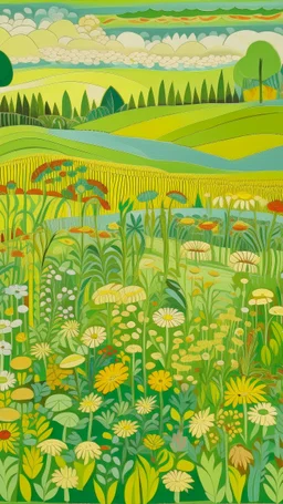 A pale greenish yellow fields with a flower meadow designed in Kuna Molas painted by Stuart Davis