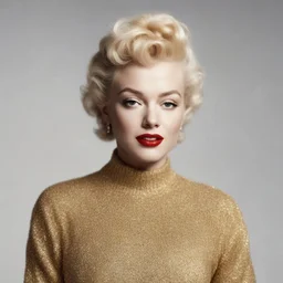 marilyn monroe, a bun, in a sweater made of golden glitter, v collar,, white background