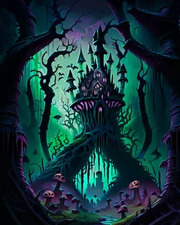 A frightening mushroom forest dungeon with a twisted bramble evil castle in the background