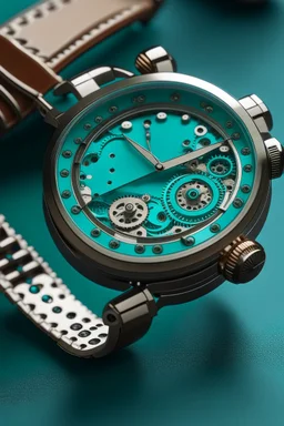 Design an image where a vintage turquoise watch band seamlessly integrates with the mechanisms of a mid-journey-inspired timepiece from stable.cog. Capture the interplay between vintage aesthetics and modern functionality."