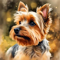8k, Runny watercolor painting, ((best quality)), ((masterpiece)), ((realistic, digital art)), (hyper detailed), intricate details, portrait of a Yorkshire terrier, muted colors, some splashes