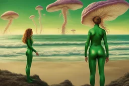 woman in a green catsuit, standing on a beach of an alien world, watching mushrooms with jellyfish tentacles in the sky, photorealistic, Deep Colour, Fantastical, Intricate Detail, sunshine