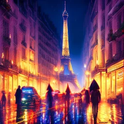 Cyberpunk street view in night , paris , rain, ground reflection