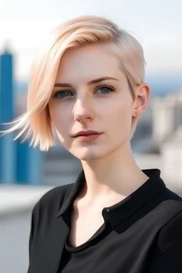 short and blond hair beautiful woman, 30+ years-old, who works in fashion, light pink background and serious vibe, for movie poster, black clothes, city view background