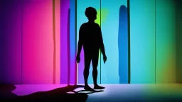 shadow made of different colors of a person looking for information on a large screen