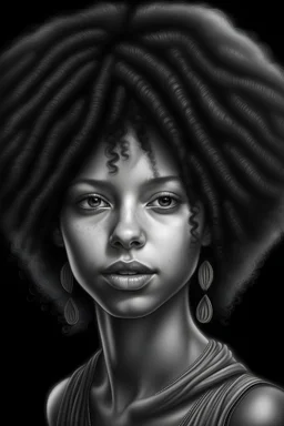 A hyper realistic pencil portrait of a beautiful African girl with afro hair, glossy lips and eyes