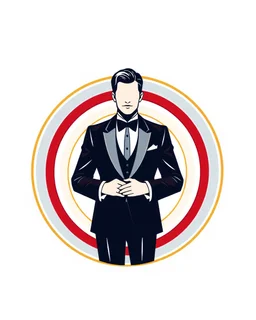 A special circular logo with a vector of a groom in a formal suit at the top of the logo in a blue, red, white, gold, and silver color theme.