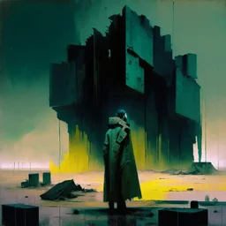 Dystopian future Wearing a trench coat. In desolate landscape at night. With a brutalist architecture concrete decaying blocks falling. Abstract oil painting in style of Justin Mortimer