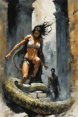 Alex Maleev, unused cover illustration, 2005: [greek goddess model in flesh]Trapped in a forgotten temple, a man and his son fight against two immense serpents. Their faces contort in pain, muscles straining against the relentless grip. Their struggle embodies resilience and the pursuit of freedom. In the decaying ruins, their defiance resonates deeply. With unwavering determination, they refuse to yield. Bound by an unbreakable bond, they draw strength from each other. Their battle echoes throu