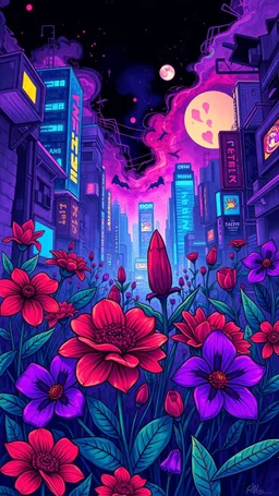 vibrant psychedelic urban culture image, airbrush, 48k, cartoon art image background purple and red flowers surrounding , dystopian