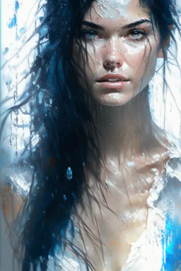 beautiful caucasian woman, age 23, wearing trendy wet white T-shirt, light black hair, Attractive posing, Full body, perfect detailed face, frame the head, blue-eye, glamour, wet skin, Wet hair, rain, hyperdetailed painting, luminism, art by Carne Griffiths and Wadim Kashin concept art, 8k resolution, fractal isometrics details bioluminescens , 3d render, octane render, intricately detailed , cinematic, trending on artstation Isometric gritty, realistic mucha, intricate, high definition,