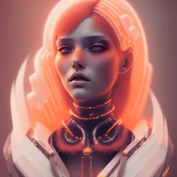 A beautiful portrait of a cute cyberpunk woman orange color scheme, high key lighting, volumetric light high details with white stripes and feathers