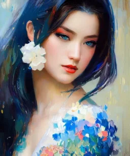 realist impressionist portrait of "The Curious Female" by Ross Tran rework. Masterpiece, best quality, painted impressionist brush strokes. paint drips and drabs and splatters by and by art nouveau and richard schmid . Paint spatters, drips, drabs, dynamic, artstation, artgerm