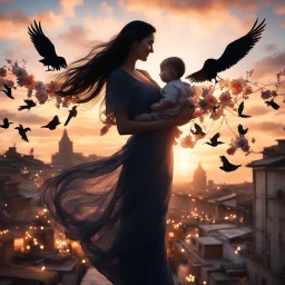 Hyper Realistic Photographic-Silhouette view of a beautiful mother with long-black-hair-whirling, carrying & happily-playing with her smiling-baby in her hands on a rooftop decorated with flower-arches, garland-lights-&-petals-whirling with cloudy-sunset-behind & silhouette-of-birds-flying showing dramatic & cinematic ambiance.