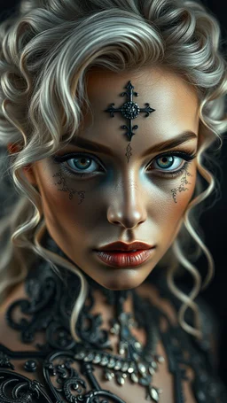 realistic photo of beautiful woman, fantasy, fine detailing, hyperdetail, complex detailing, mixed with biomechanics, ventacher filigree, well-drawn eyes, ornate detailing, perfectionism, hypermetamorphosis, super detailed skin, ultra-detailed metal, dark style, Greg Rutkowski, chamber portrait, blurry dark background, with soft lush curly warm white long hair, perfect symmetric eyes, gorgeous face, sharp focus, masterpiece, best quality, backlight removal, panoramic shot, HD result, cinematic p