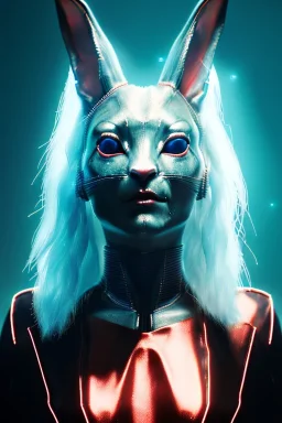 Medium Close Up Portrait, Front image. cyberpunk, rabbit mask, british woman, platinum hair. Latex suit army. white, red, color. Rocketer style. Color background, photo studio. Avatar image, highly detailed, concept art, smooth, unreal engine 5, ray tracing, RTX, lumen lighting, ultra detail, volumetric lighting, 3d, finely drawn, high definition, high resolution.