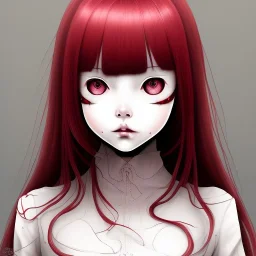 eyes everywhere cute girl Junji Ito style, darkred tones,