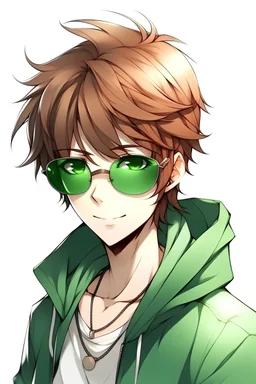 Anime boy with hair, clothes, green eyes, sunglasses, and white background