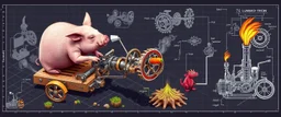 we see a pig in action chopping down trees with the lumbotron, isometric blueprint of hi tech metal gear Gnome invention, winning prize at gnome convention, The Lumb-O-Tron A jury-rigged combination of a cart, pulley system, and an axe designed to chop down trees. The motion is powered by {a yoga pig in a wheel treadmill spurred by a carrot on a stick | a crude stationary bicycle | a tiny steam engine heated by a red pseudodragon in the chamber}